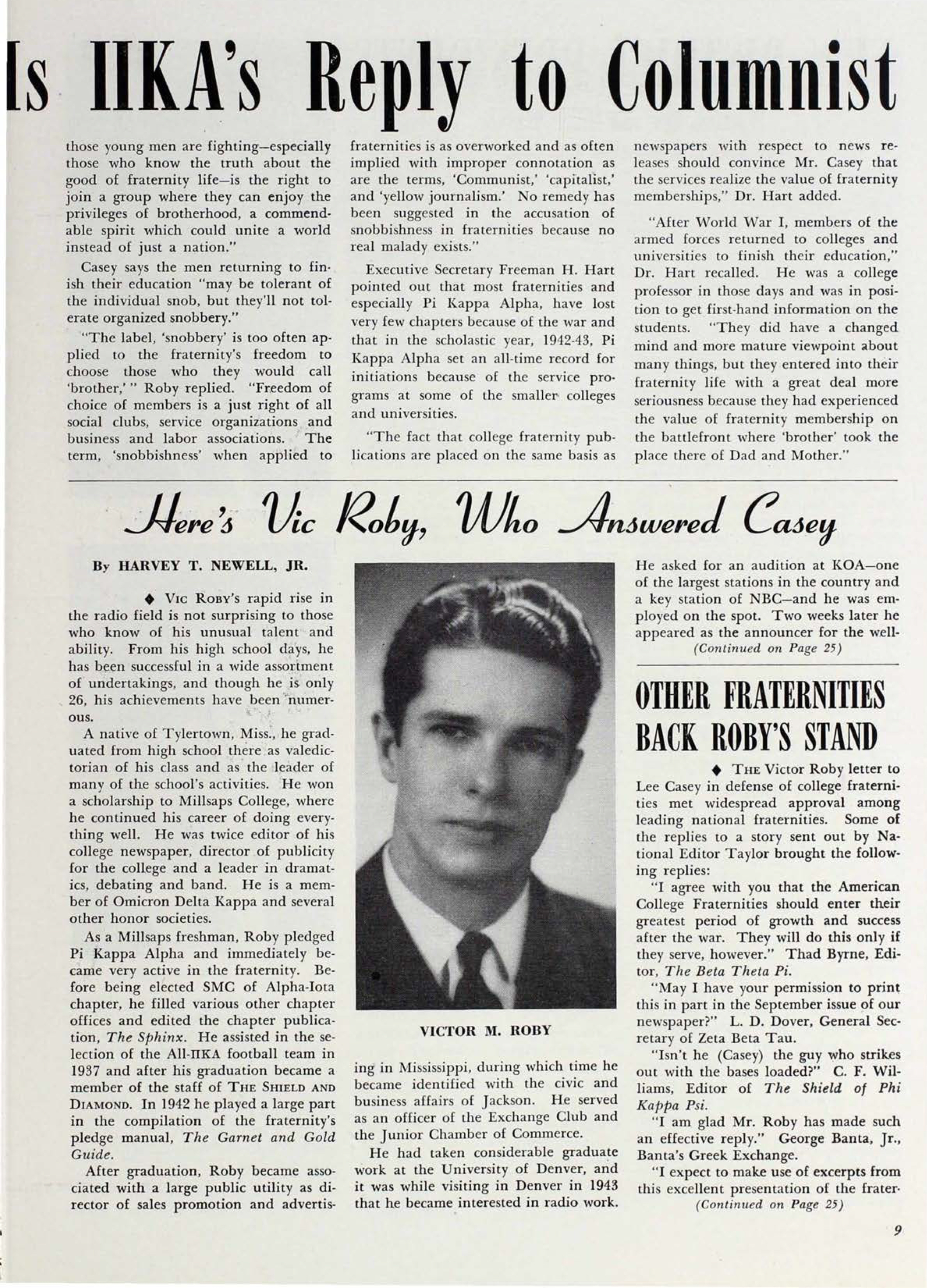 Other Fraternities Back Roby's Stand